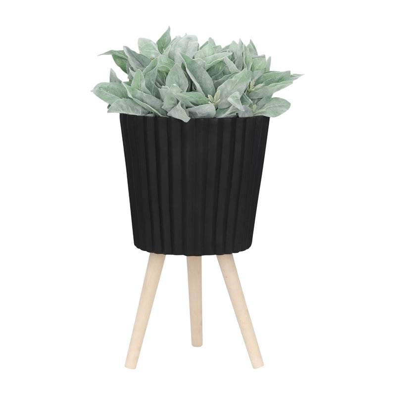 S/2 10/12" RIDGED PLANTER W/ WOOD LEGS, BLACK (KD) - Al Rugaib Furniture