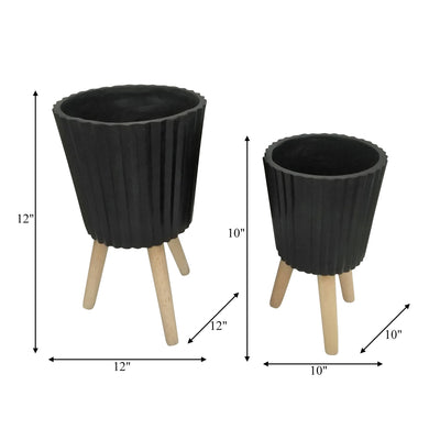 S/2 10/12" RIDGED PLANTER W/ WOOD LEGS, BLACK (KD) - Al Rugaib Furniture