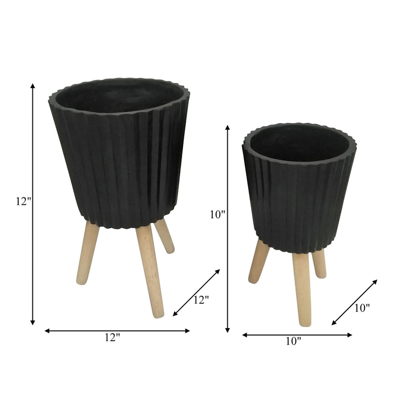 S/2 10/12" RIDGED PLANTER W/ WOOD LEGS, BLACK (KD) - Al Rugaib Furniture