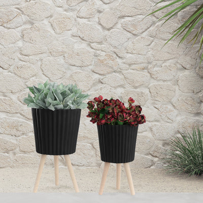 S/2 10/12" RIDGED PLANTER W/ WOOD LEGS, BLACK (KD) - Al Rugaib Furniture