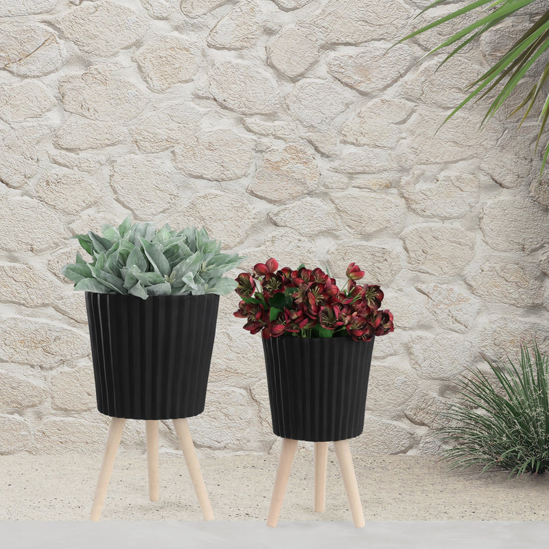 S/2 10/12" RIDGED PLANTER W/ WOOD LEGS, BLACK (KD) - Al Rugaib Furniture