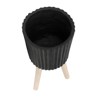 S/2 10/12" RIDGED PLANTER W/ WOOD LEGS, BLACK (KD) - Al Rugaib Furniture