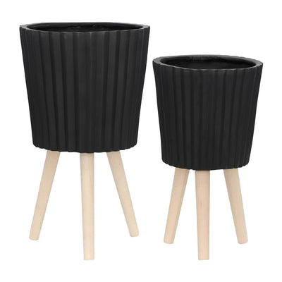 S/2 10/12" RIDGED PLANTER W/ WOOD LEGS, BLACK (KD) - Al Rugaib Furniture