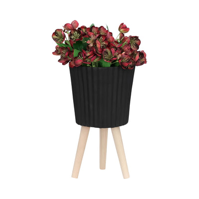 S/2 10/12" RIDGED PLANTER W/ WOOD LEGS, BLACK (KD) - Al Rugaib Furniture