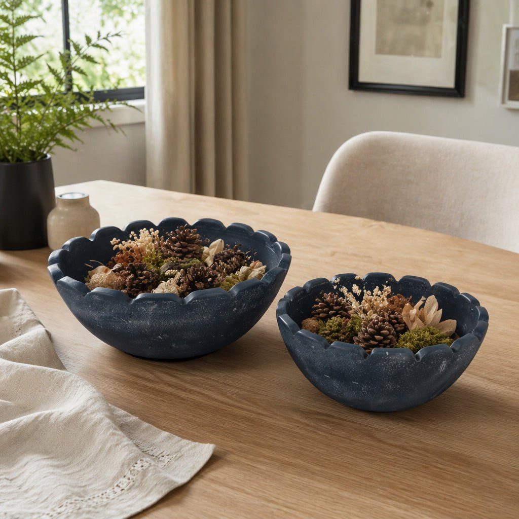 S/2 10/12" Scallop Edge Terracotta Bowls, Blue Bowl| Sagebrook Home