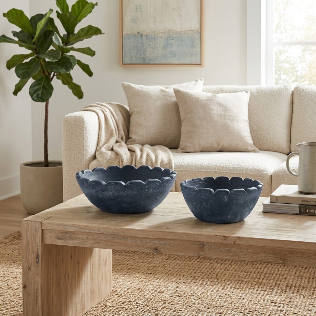S/2 10/12" Scallop Edge Terracotta Bowls, Blue Bowl| Sagebrook Home