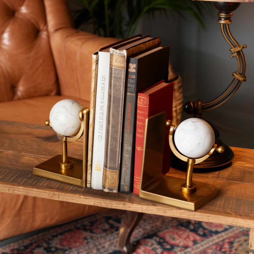 S/2 11" Henrico Marble Globe Bookends, Gold Table Decors| Sagebrook Home