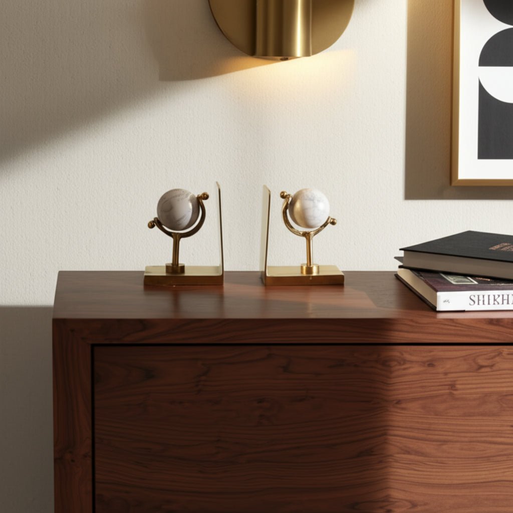 S/2 11" Henrico Marble Globe Bookends, Gold Table Decors| Sagebrook Home
