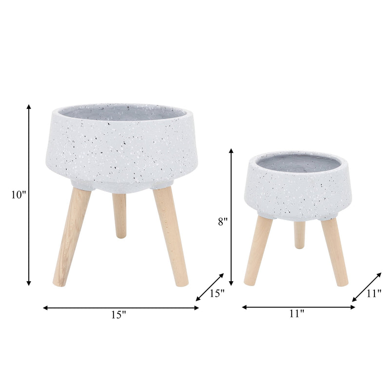 S/2 11/15" TERRAZZO PLANTER W/ WOOD LEGS, GRAY - Al Rugaib Furniture