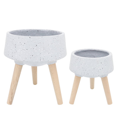 S/2 11/15" TERRAZZO PLANTER W/ WOOD LEGS, GRAY - Al Rugaib Furniture