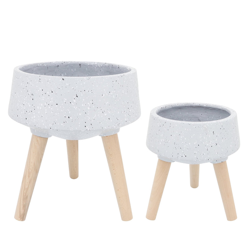 S/2 11/15" TERRAZZO PLANTER W/ WOOD LEGS, GRAY - Al Rugaib Furniture