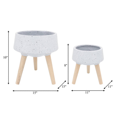 S/2 11/15" TERRAZZO PLANTER W/ WOOD LEGS, GRAY - Al Rugaib Furniture