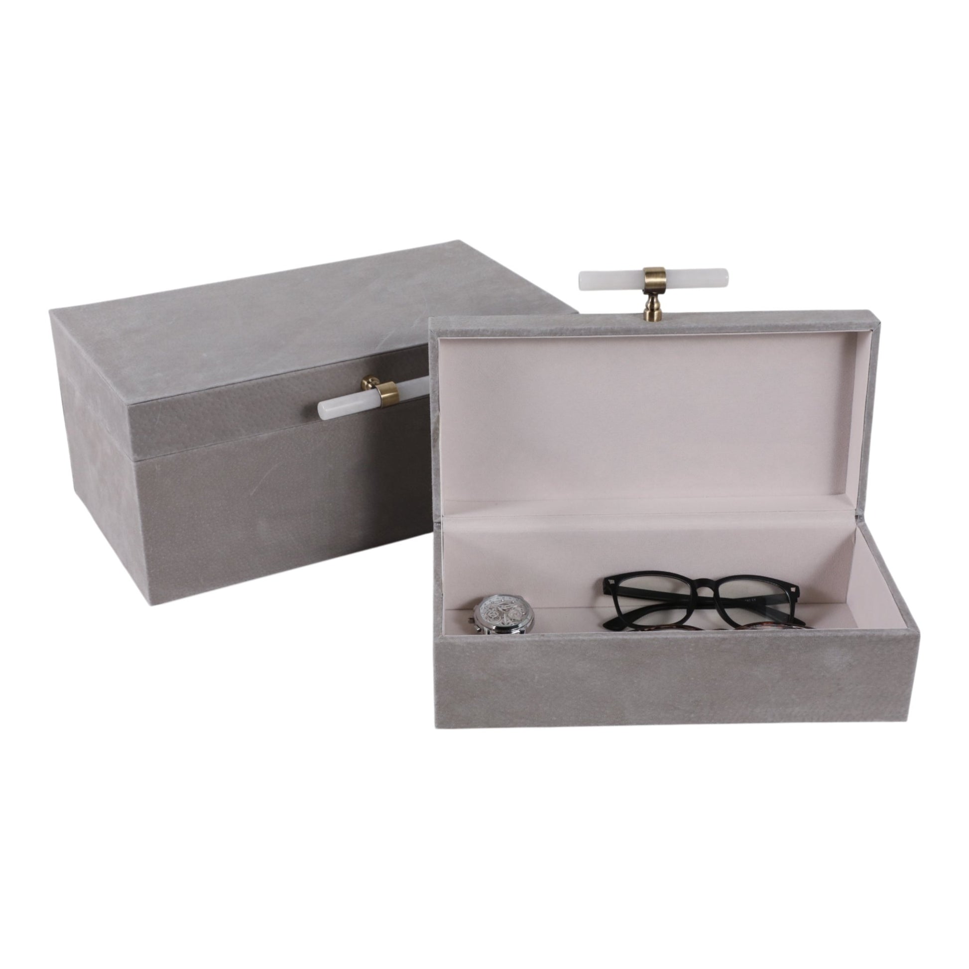 S/2 12/14"AVEA GRAY SUEDE/MOONSTONE HARDWARE BOXES Table Decors| Sagebrook Home