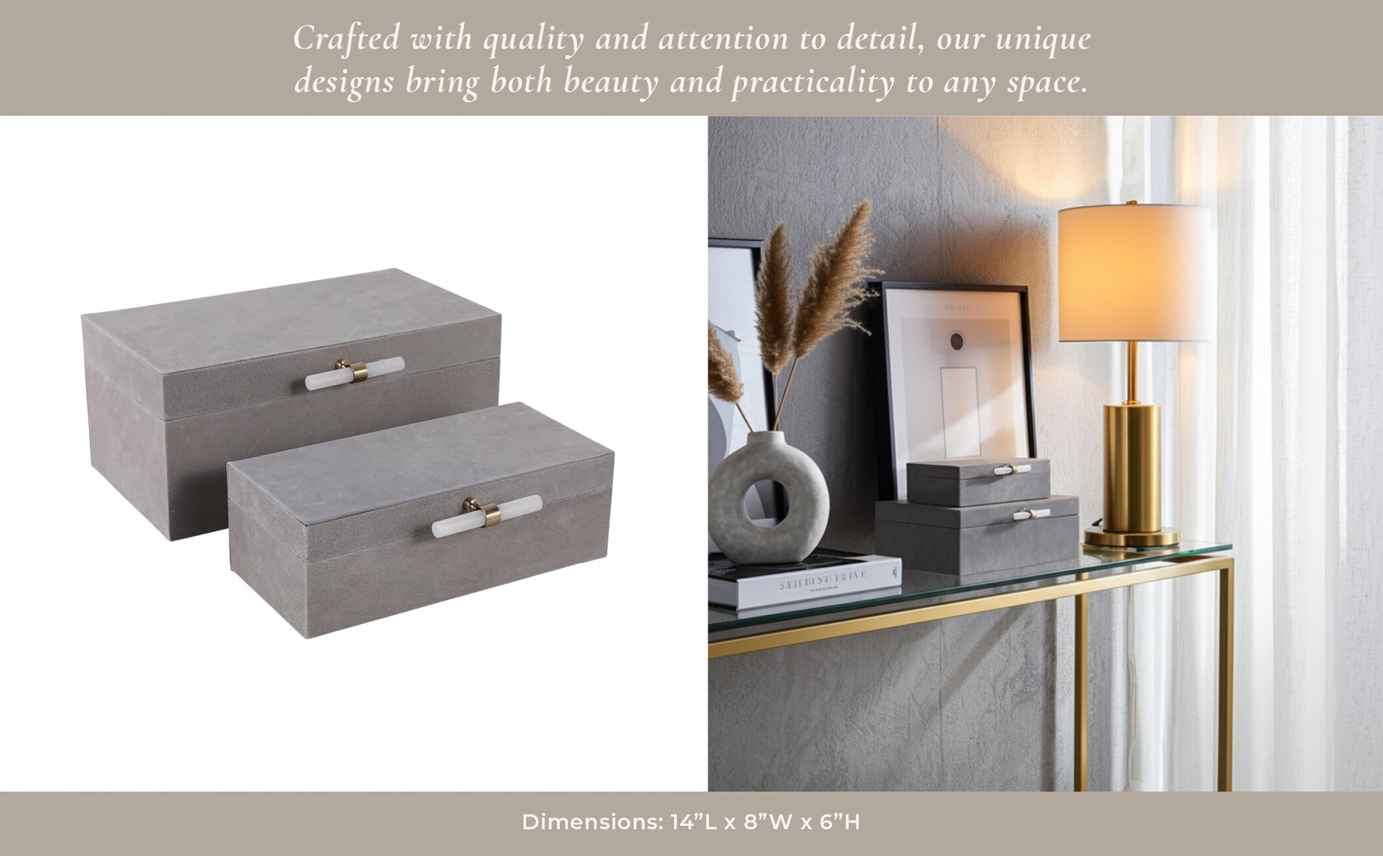 S/2 12/14"AVEA GRAY SUEDE/MOONSTONE HARDWARE BOXES Table Decors| Sagebrook Home