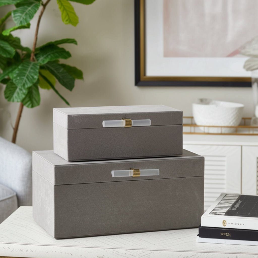 S/2 12/14"AVEA GRAY SUEDE/MOONSTONE HARDWARE BOXES Table Decors| Sagebrook Home