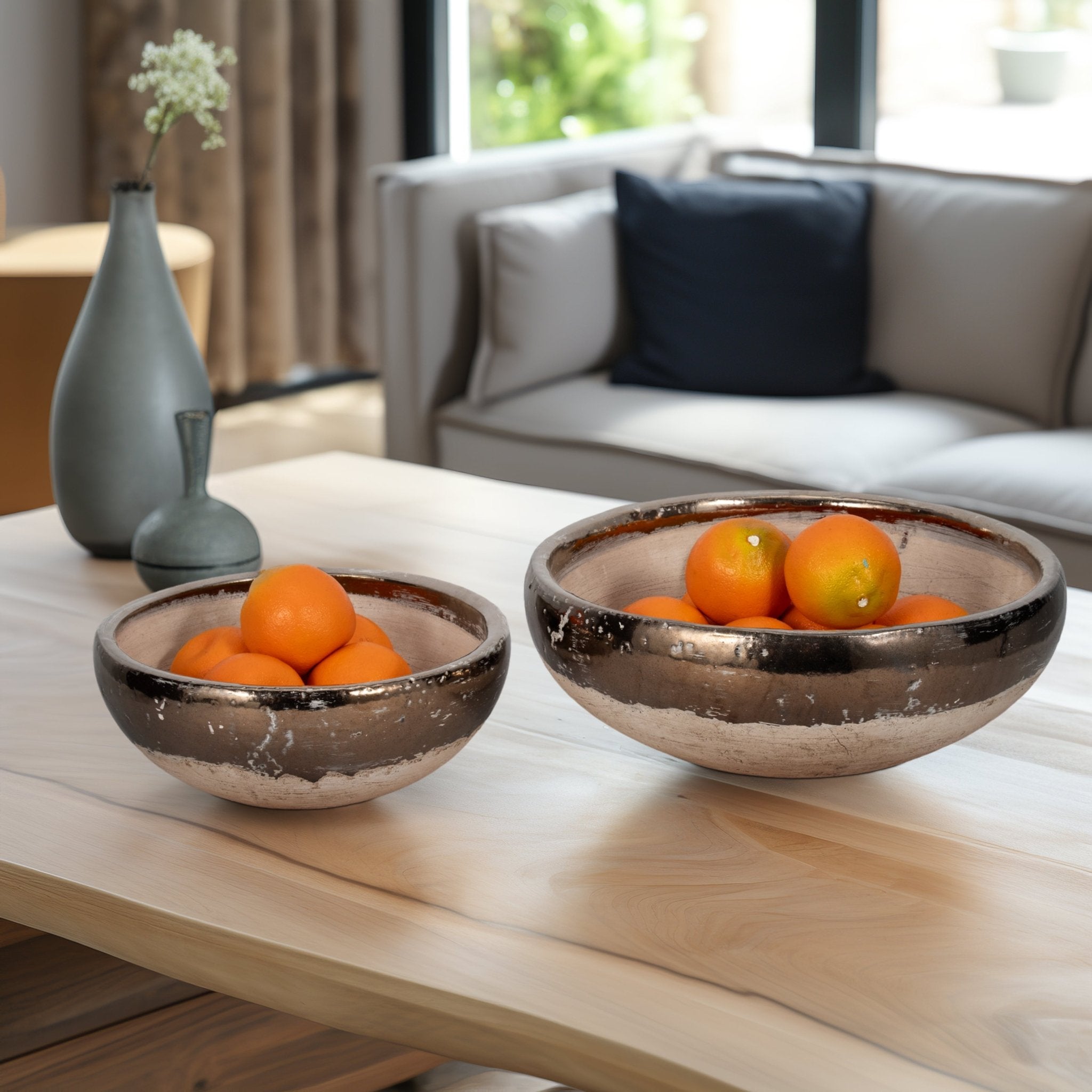 S/2 12/15" Gold Rim Terracotta Bowls, Grey Table Decors| Sagebrook Home