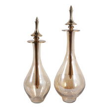 S/2 16"/18" WAVERLY GLASS BOTTLES W/METAL STOPPERS