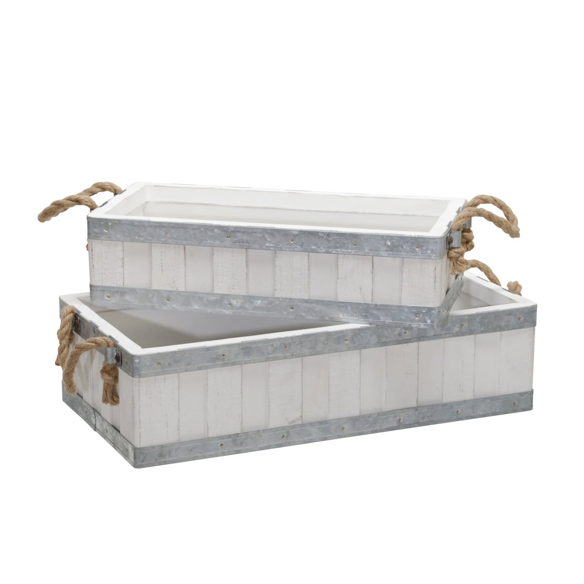 S/2 16/19" WOODEN TRAYS W/ ROPE HANDLES, WHITE Tray| Sagebrook Home