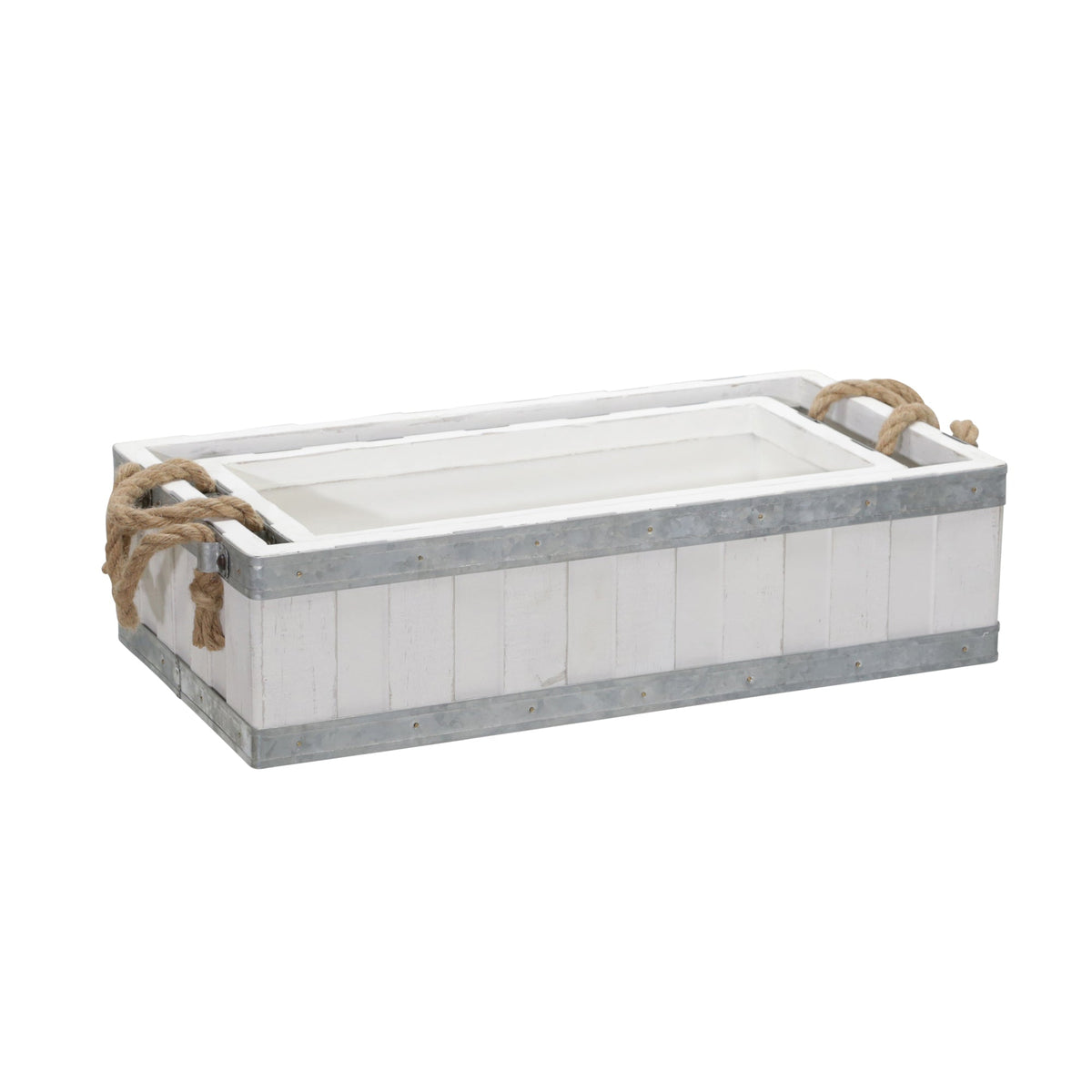 S/2 16/19" WOODEN TRAYS W/ ROPE HANDLES, WHITE Tray| Sagebrook Home