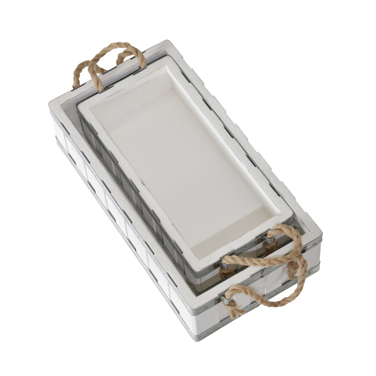 S/2 16/19" WOODEN TRAYS W/ ROPE HANDLES, WHITE Tray| Sagebrook Home