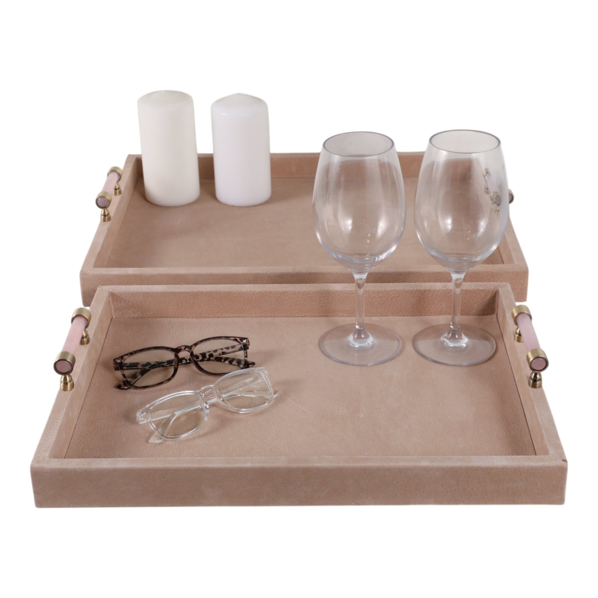 S/2 17/20halofax Tan Suede Selenite Hardware Trays Table Decors| Sagebrook Home