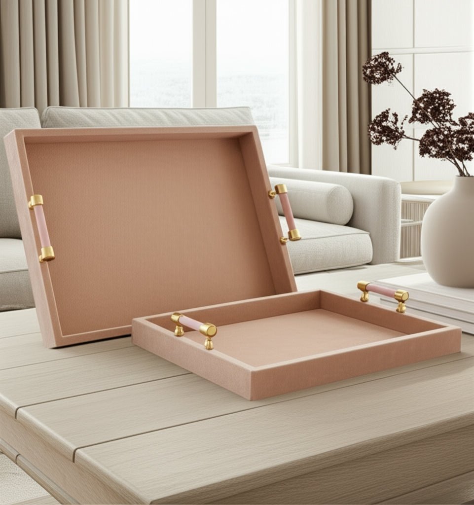 S/2 17/20halofax Tan Suede Selenite Hardware Trays Table Decors| Sagebrook Home
