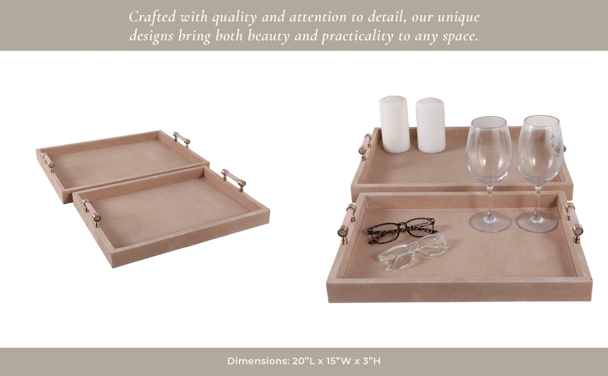 S/2 17/20halofax Tan Suede Selenite Hardware Trays Table Decors| Sagebrook Home