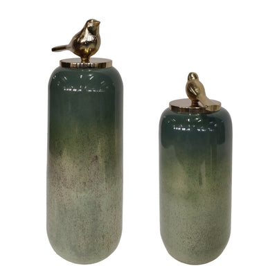 S/2 18/22"finch Glass Bottles W/bird Metal Top,grn - Al Rugaib Furniture