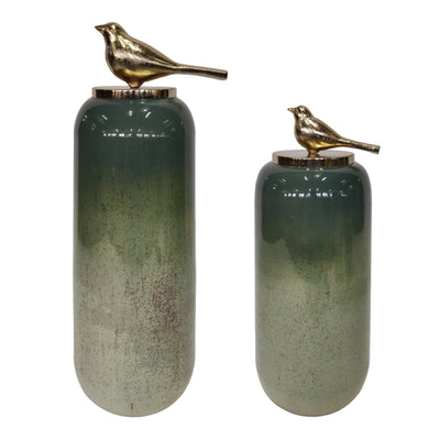 S/2 18/22"finch Glass Bottles W/bird Metal Top,grn - Al Rugaib Furniture