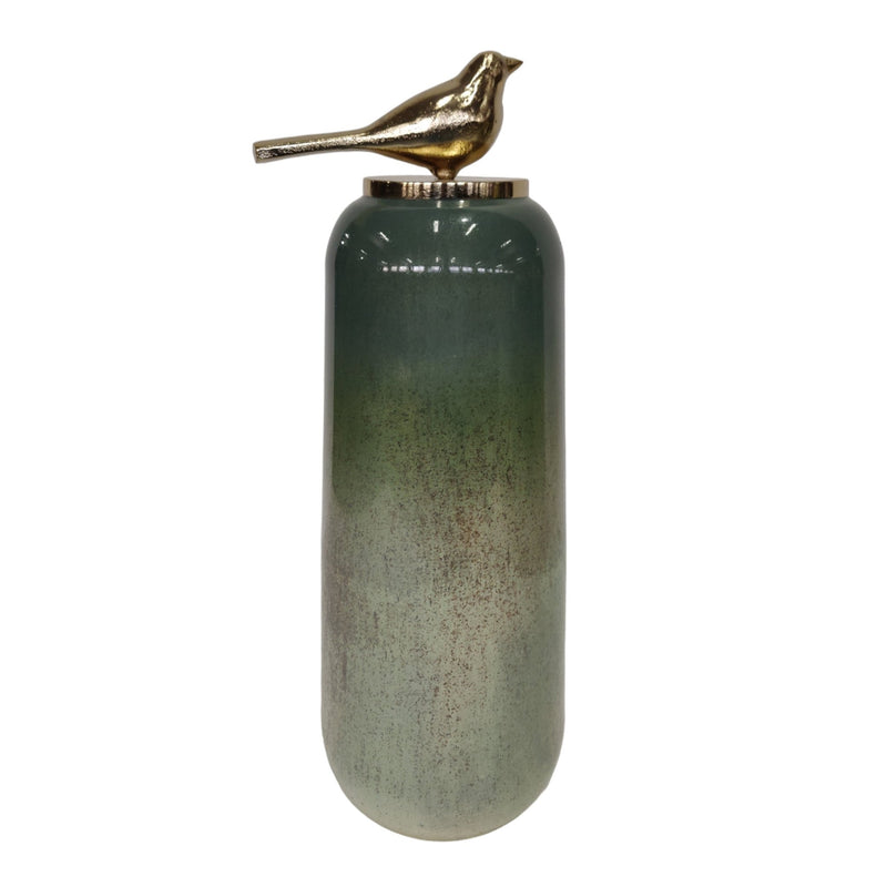 S/2 18/22"finch Glass Bottles W/bird Metal Top,grn - Al Rugaib Furniture