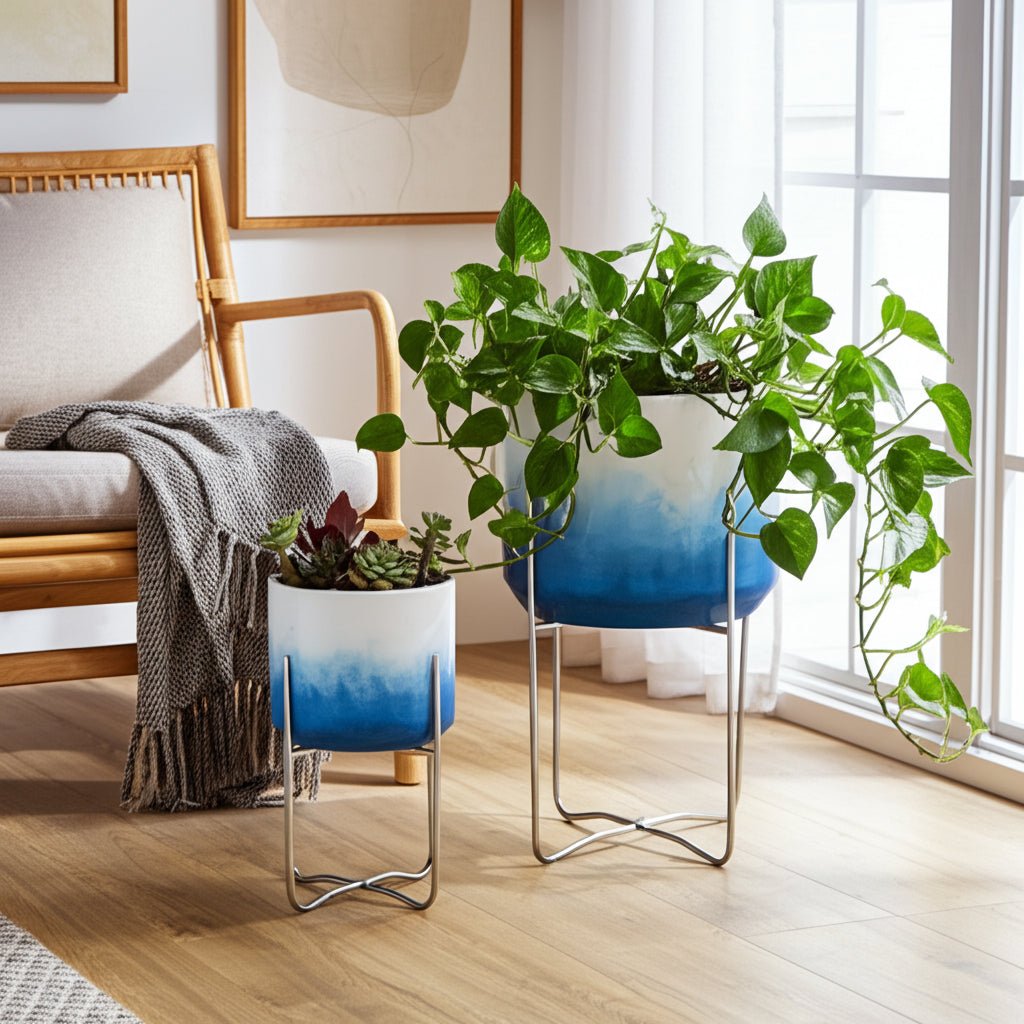 S/2 19/23" Ombre Metal Planters On Stands, Blue Kd Planter| Sagebrook Home