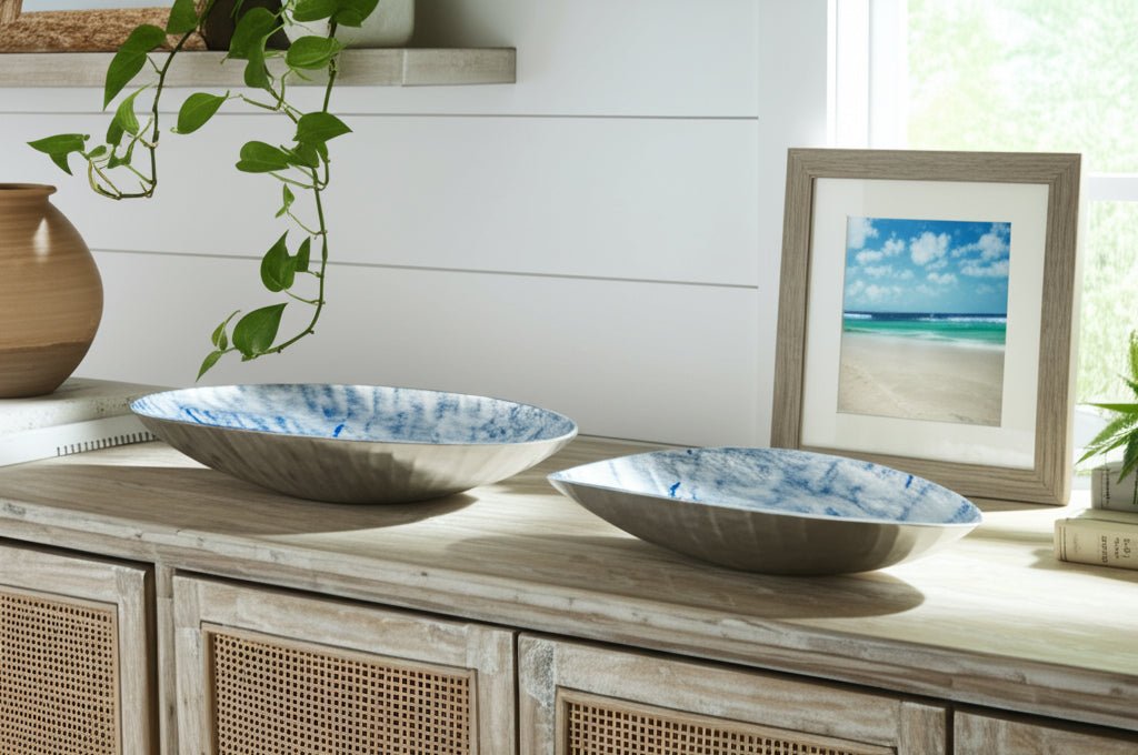 S/2 20/23" Oval Metal Bowl W/ Enamel,light Blu/sil Table Decors| Sagebrook Home