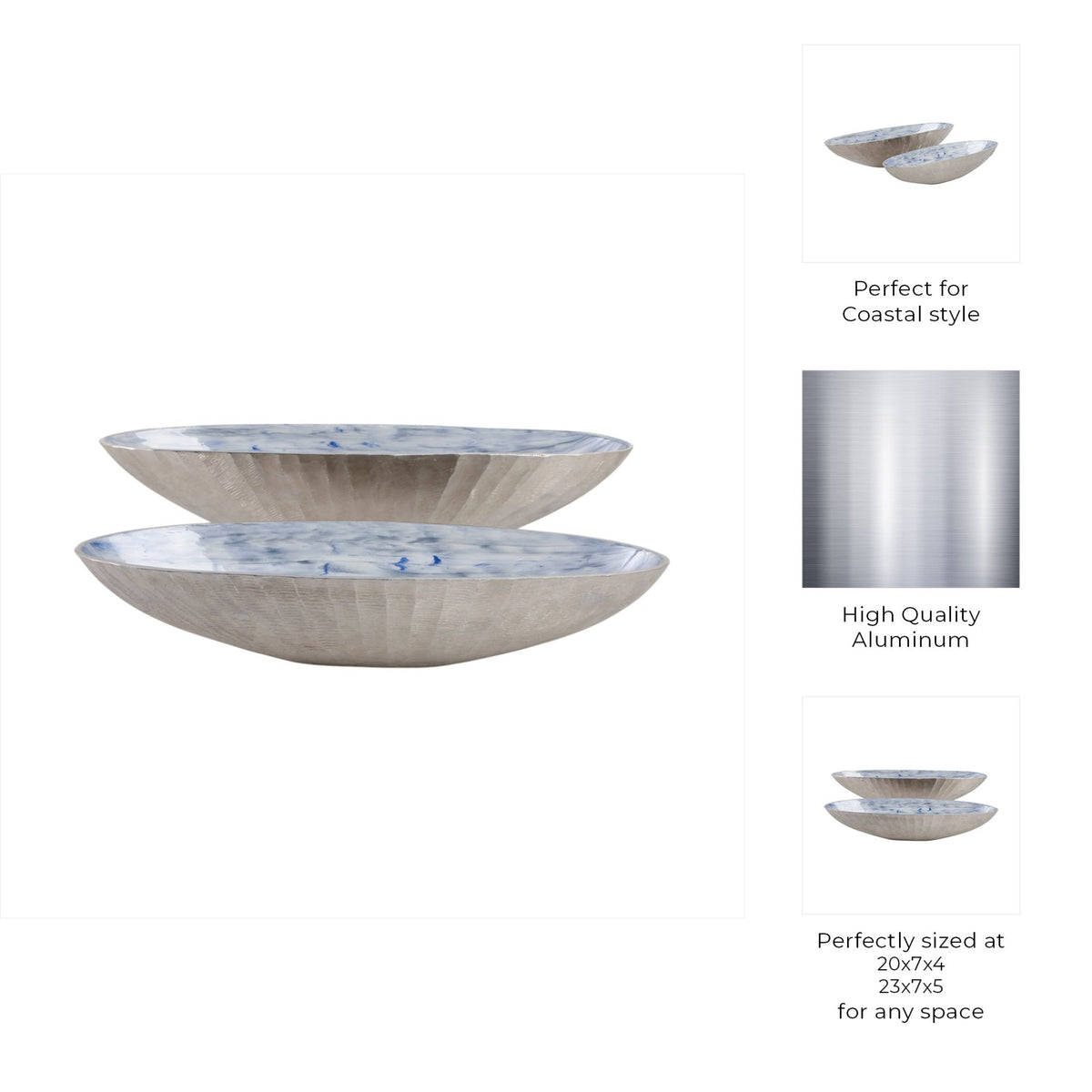 S/2 20/23" Oval Metal Bowl W/ Enamel,light Blu/sil Table Decors| Sagebrook Home