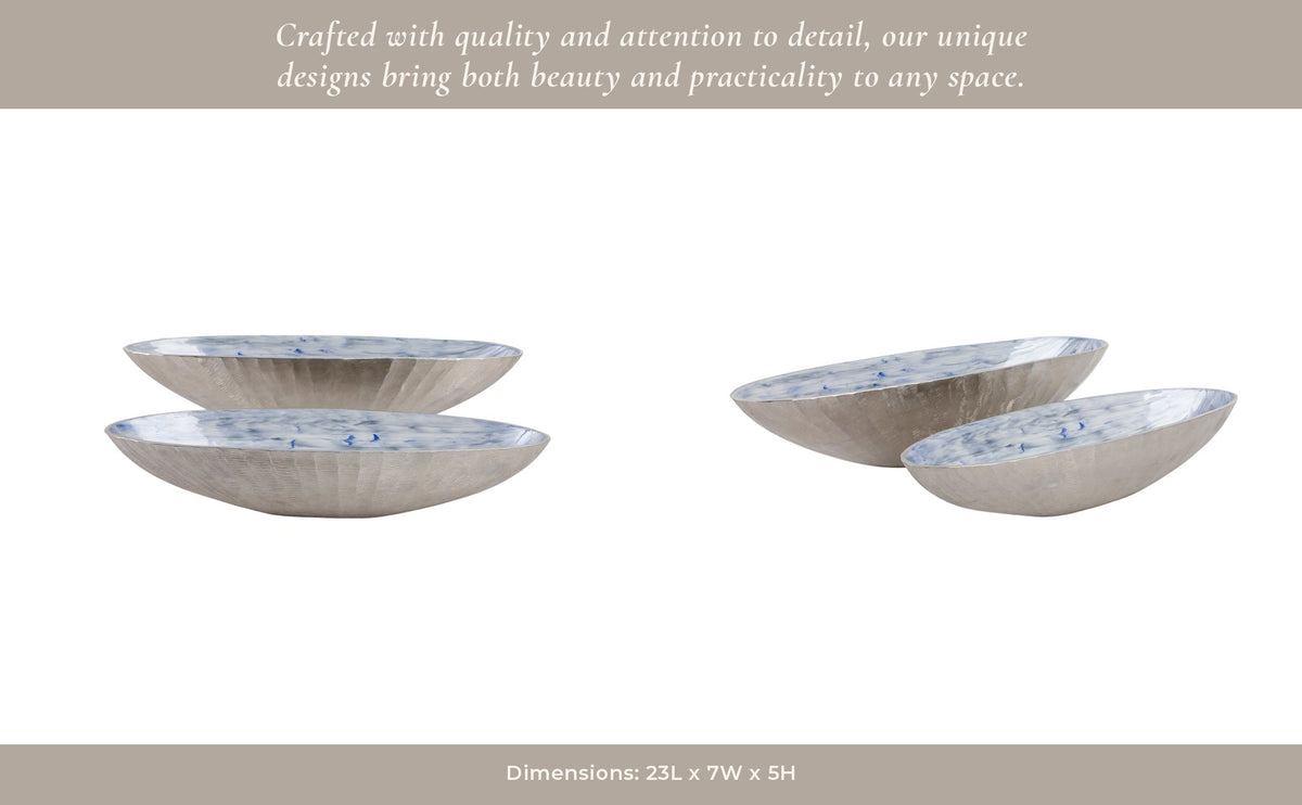 S/2 20/23" Oval Metal Bowl W/ Enamel,light Blu/sil Table Decors| Sagebrook Home
