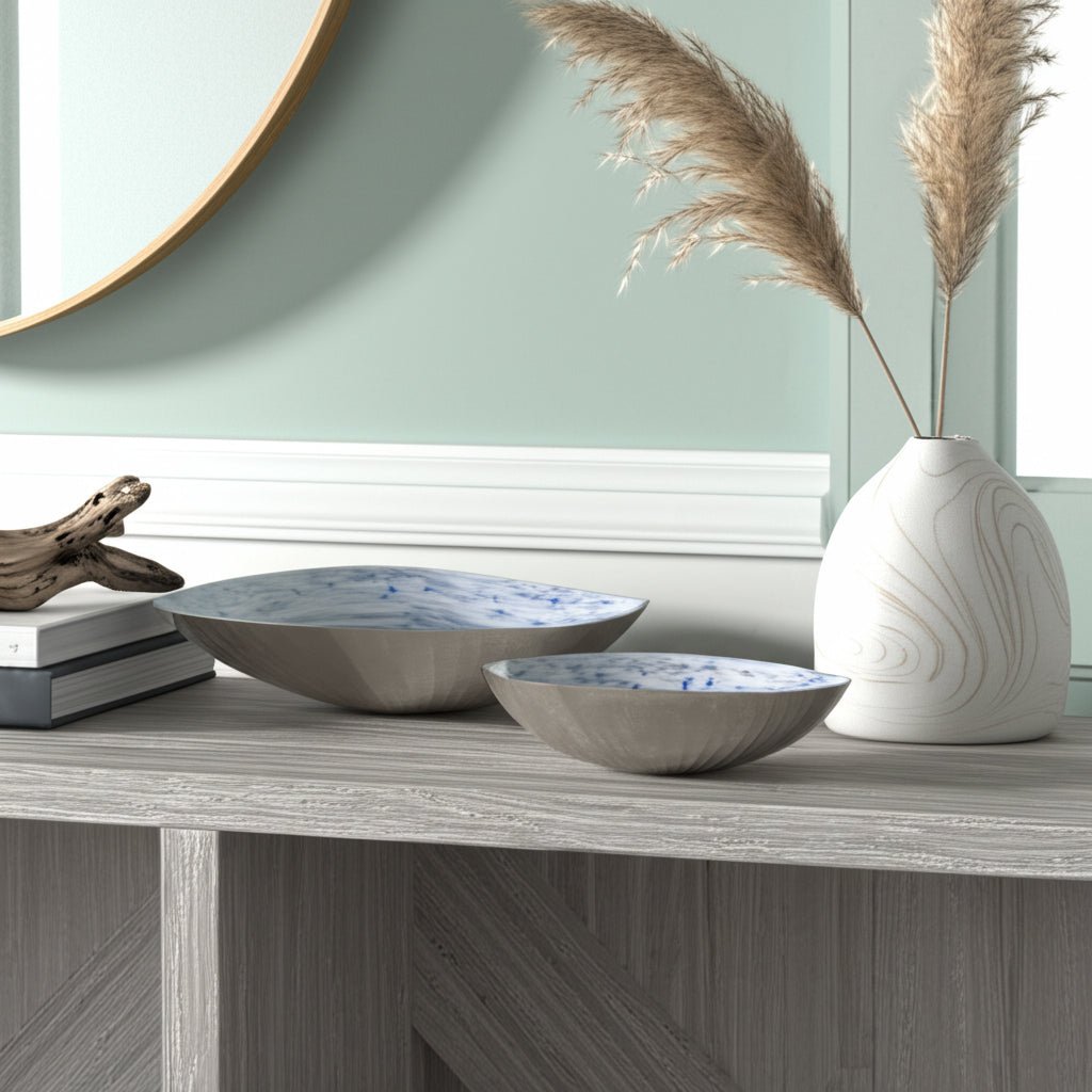 S/2 20/23" Oval Metal Bowl W/ Enamel,light Blu/sil Table Decors| Sagebrook Home