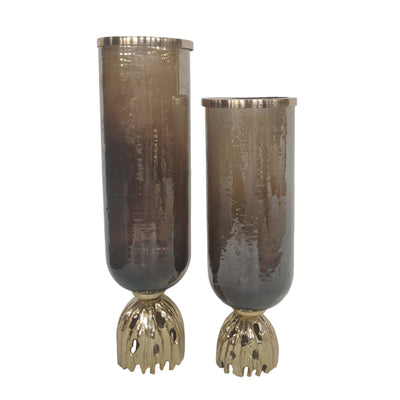 S/2 20/23"oattan Glass Hurricanes, Brwn/gld - Al Rugaib Furniture