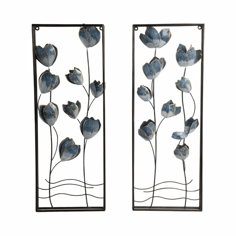 S/2 32" Blooming Flowers Metal Wall Panels, Blue/b - Al Rugaib Furniture