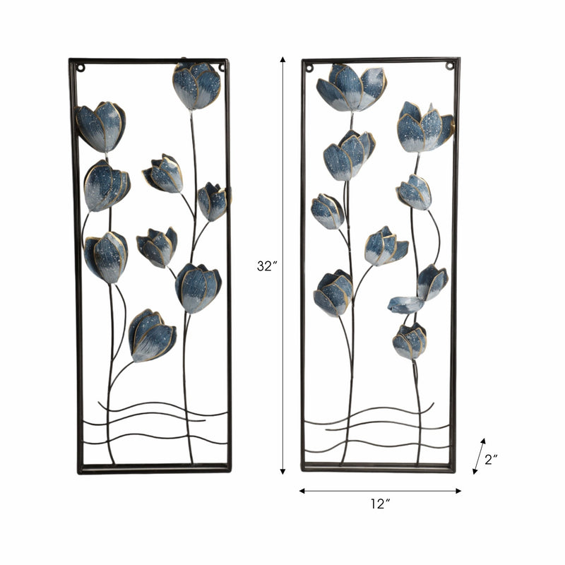 S/2 32" Blooming Flowers Metal Wall Panels, Blue/b - Al Rugaib Furniture