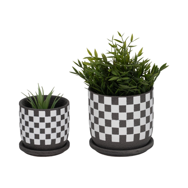 S/2 5/6" Checkerboard Saucer Planters, Black/white - Al Rugaib Furniture