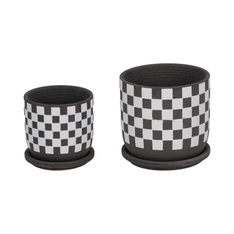 S/2 5/6" Checkerboard Saucer Planters, Black/white - Al Rugaib Furniture