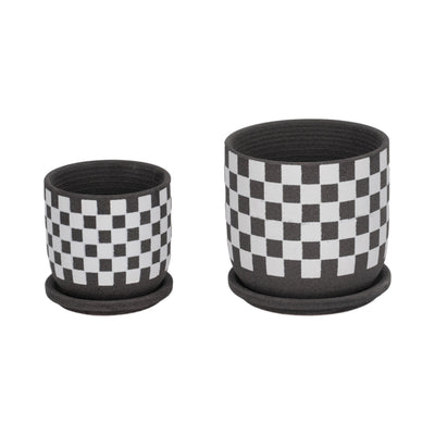 S/2 5/6" Checkerboard Saucer Planters, Black/white - Al Rugaib Furniture