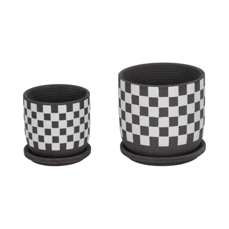 S/2 5/6" Checkerboard Saucer Planters, Black/white - Al Rugaib Furniture