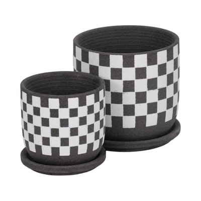 S/2 5/6" Checkerboard Saucer Planters, Black/white - Al Rugaib Furniture