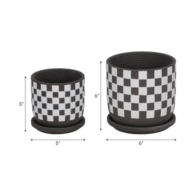 S/2 5/6" Checkerboard Saucer Planters, Black/white - Al Rugaib Furniture