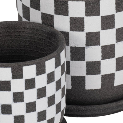 S/2 5/6" Checkerboard Saucer Planters, Black/white - Al Rugaib Furniture