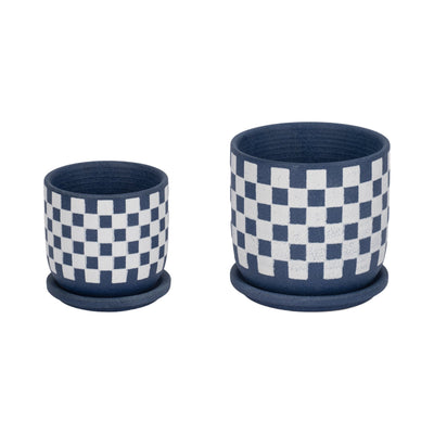 S/2 5/6" Checkerboard Saucer Planters, Blue/white - Al Rugaib Furniture