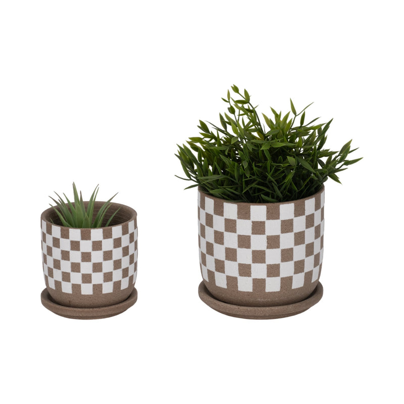 S/2 5/6" Checkerboard Saucer Planters, White/tan - Al Rugaib Furniture