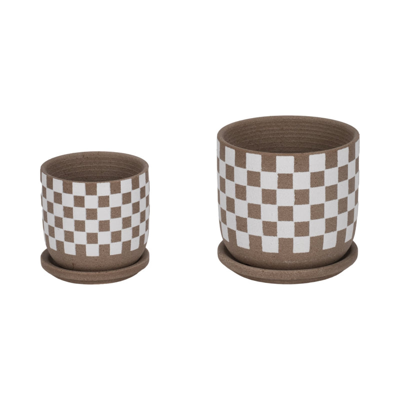 S/2 5/6" Checkerboard Saucer Planters, White/tan - Al Rugaib Furniture