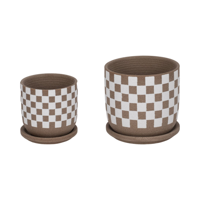 S/2 5/6" Checkerboard Saucer Planters, White/tan - Al Rugaib Furniture