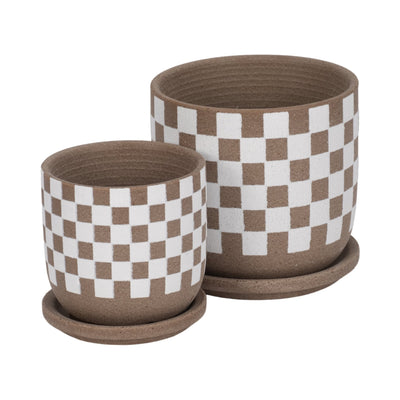 S/2 5/6" Checkerboard Saucer Planters, White/tan - Al Rugaib Furniture